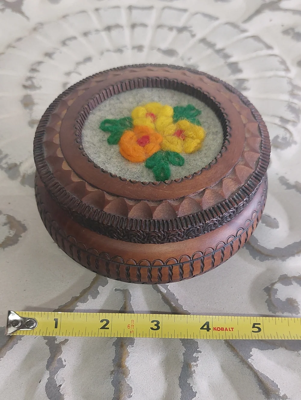 Vintage Carved Wood Trinket Box with Crewel Embroidered Floral Lid, Folk Art